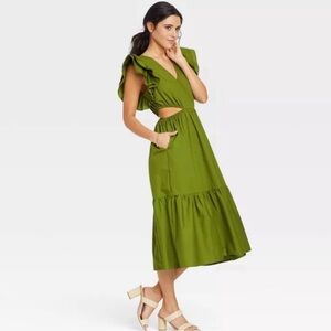 A New Day Olive Green Ruffle Sleeve Cutout Midi Dress